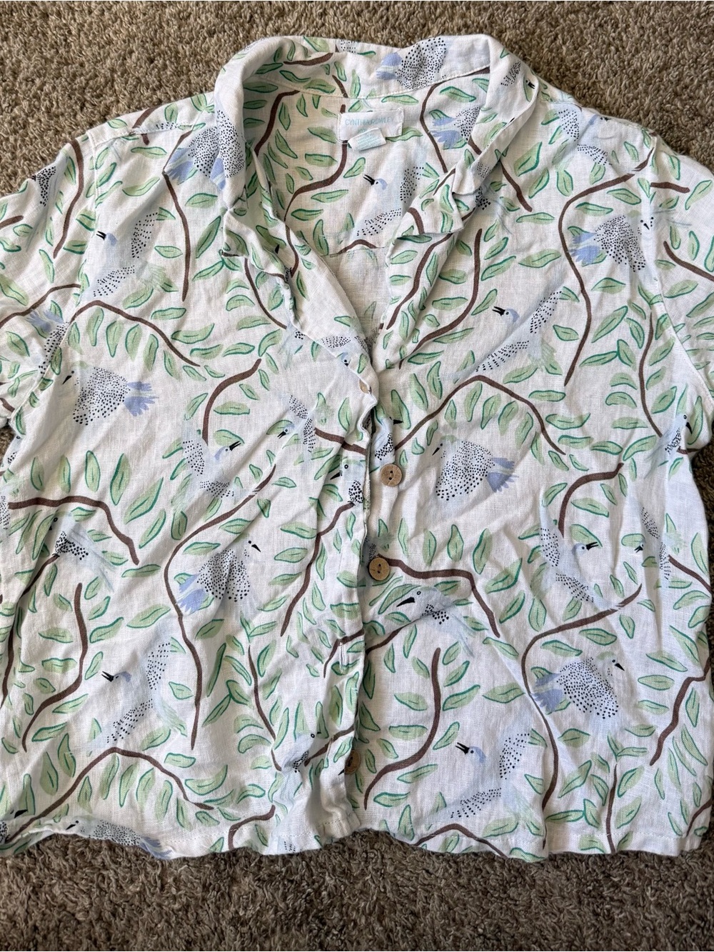Cynthia Rowley White Linen Top with Green Leaves and Blue Birds